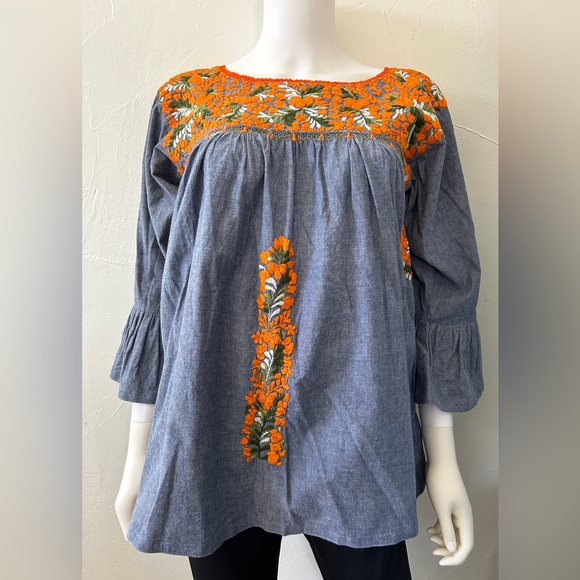 Mi Golondrina Fernanda Embroidered Bell Sleeve Top Blouse Size S